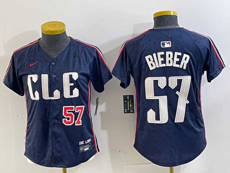 Women%27s Cleveland Guardians #57 Shane Bieber Number Navy 2024 City Connect Limited Stitched Jerseys